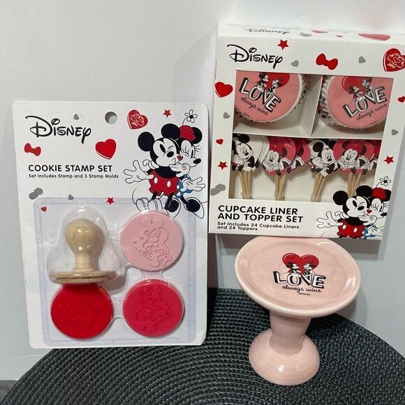 Disney Mickey & Minnie Cupcake Liners, Toppers, Cupcake stand, Cookie stamps NWT - Picture 2 of 8